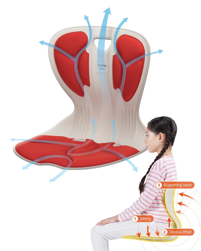 curble Comfy Ergonomic Chair Back Support Small and Flexible Posture Corrector for Child and Preteen Perfect for Yoga Meditation School Desk Floor Seat Red